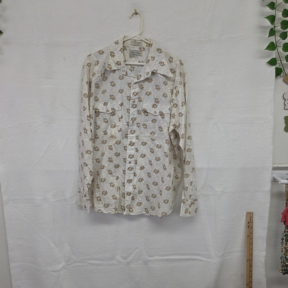 Eighty Eight Mens Western Snap Button Shirt Cream Floral Medallion Cotton L